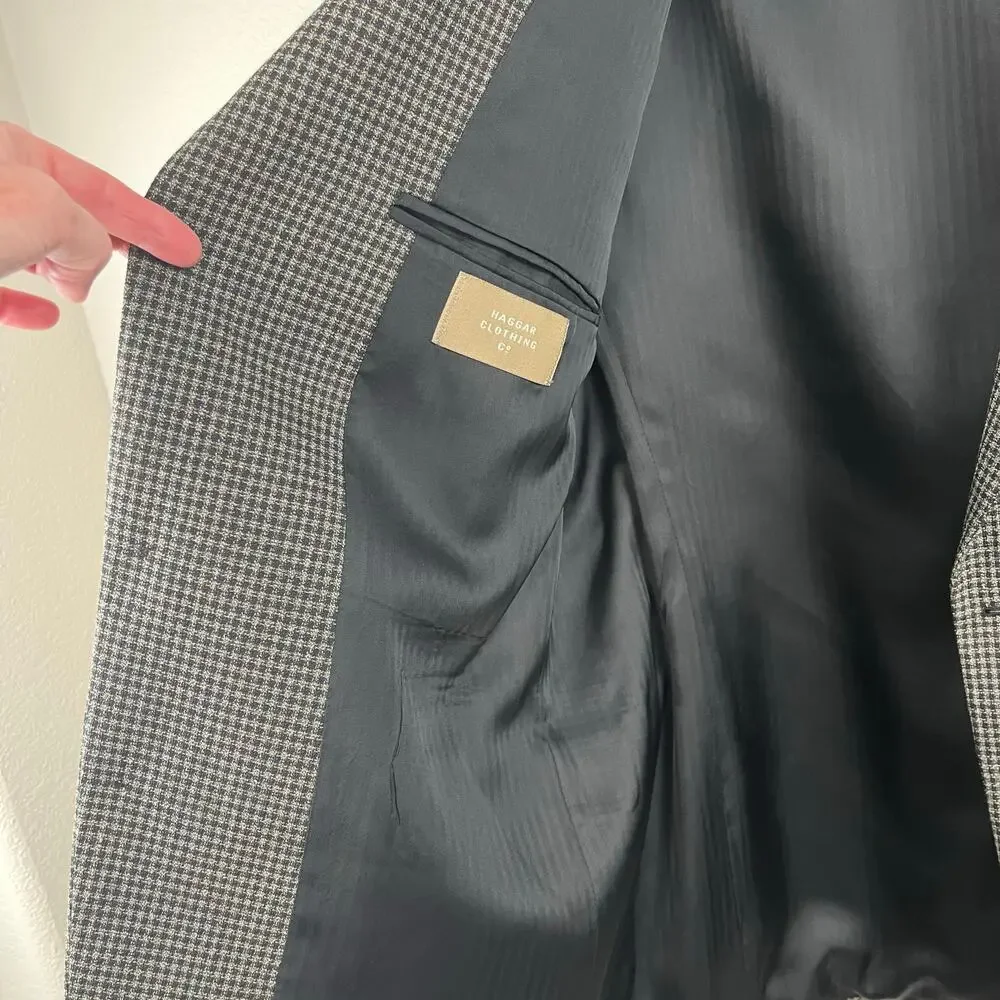Vintage 80s 90s Haggar Black Tan Houndstooth Tweed Blazer Sport Coat 42L USA